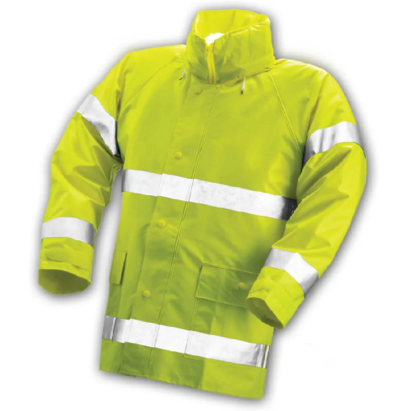 Camping hiking outdoor bloom-Comfort-Brite® Jacket - Fluorescent Yellow-Green - Attached Hood - Silver Reflective Tape