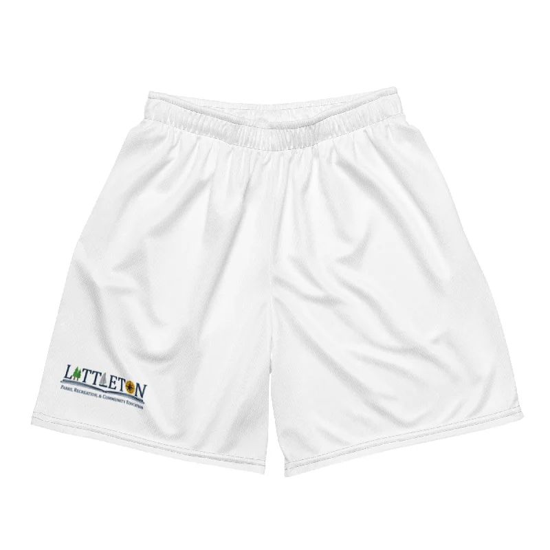 versatile camping stove holders-Littleton Park & Rec White Unisex Mesh Shorts