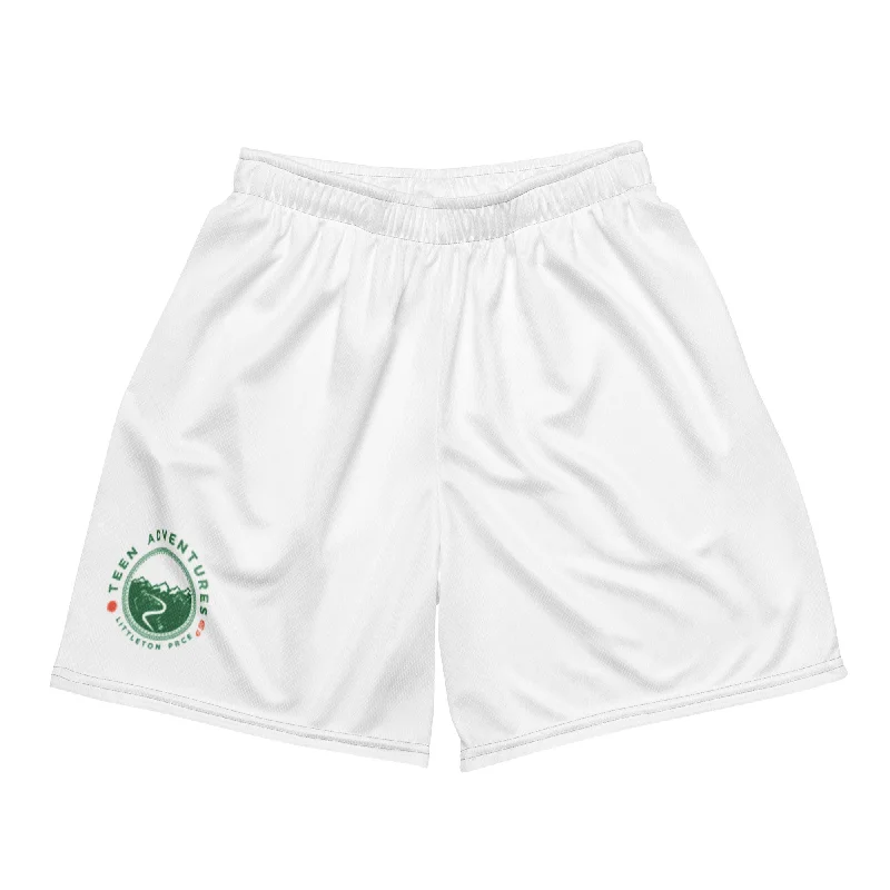 windproof camping pole racks-Littleton White Unisex Mesh Shorts - Teen Adventures